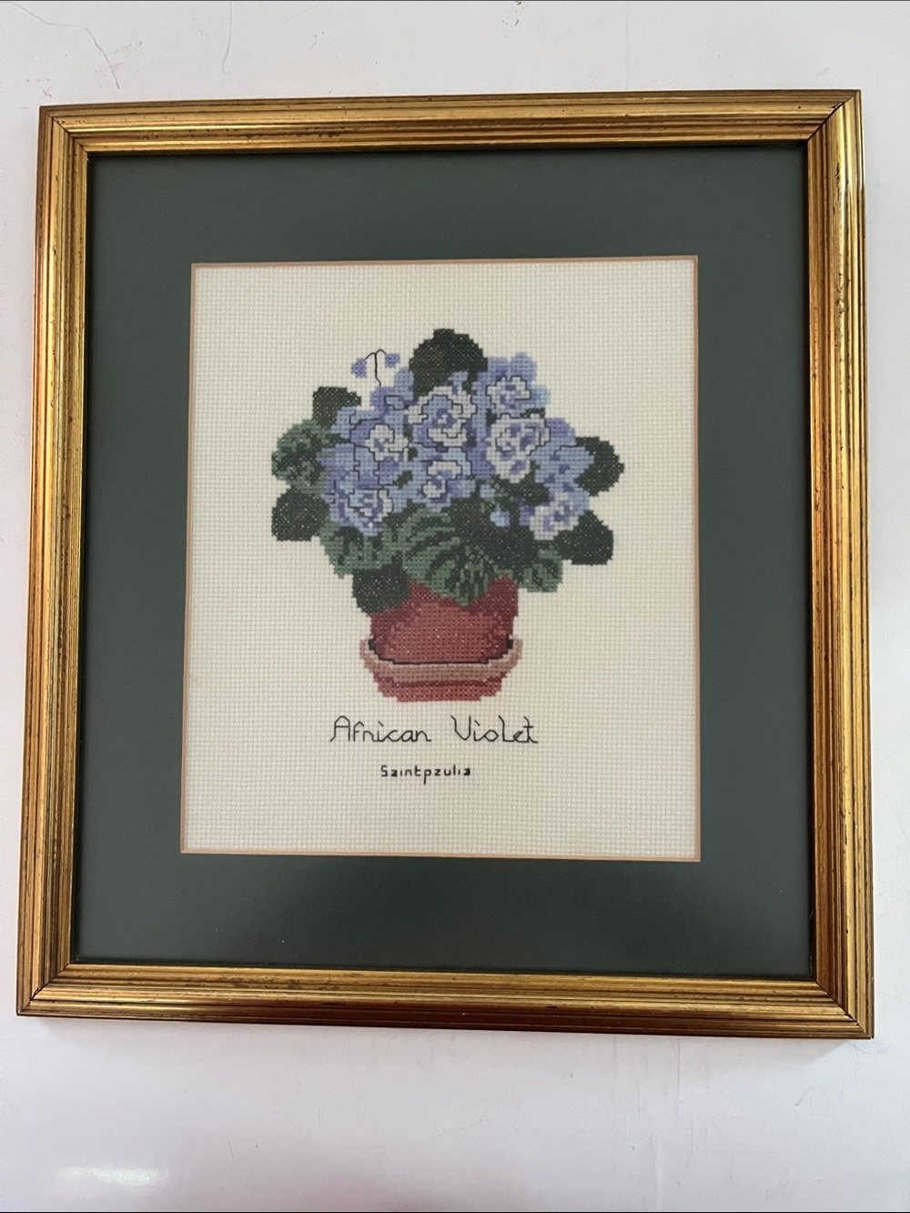 Framed Cross Stitch African Violet Wall Art in Blue & Green